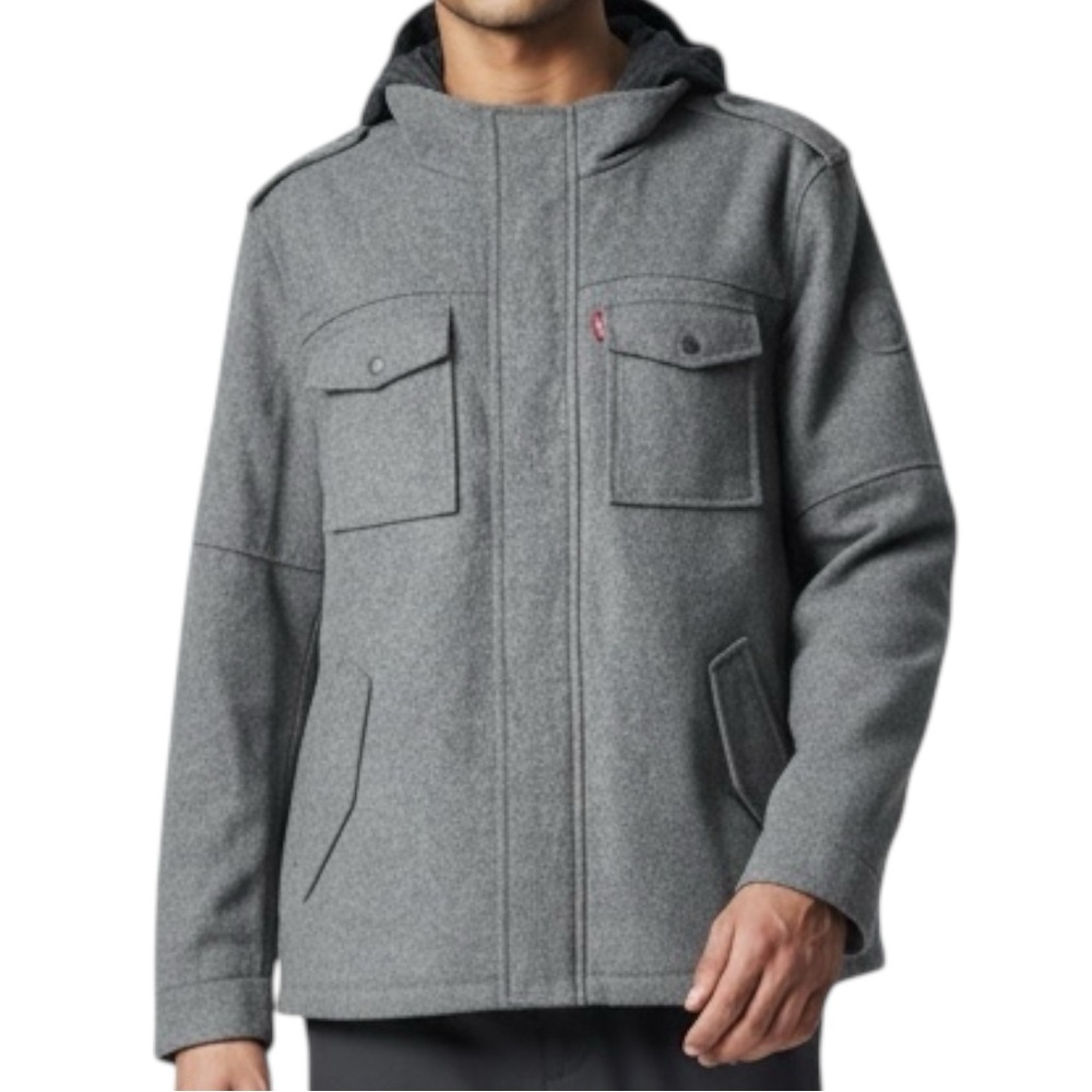LEVI’s Heavyweight Wool Blend Hooded Trucker Field Jacket in Gray Size Large